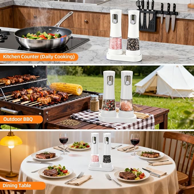 Electric Salt and Pepper Grinder Set-2 Pack Rechargeable Automatic Pepper Mill with Base,5-Level Adjustable Coarseness, Display, LED Lighting, Large Capacity-Ideal for Kitchen, BBQ Gifts (2, White)