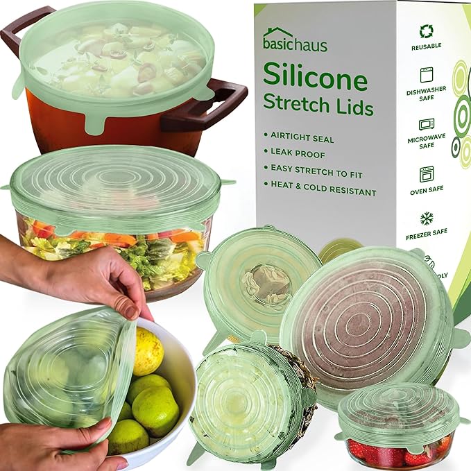 Reusable Silicone Stretch Lids for Food Storage in Fridge - Elastic Heat-Resistant Bowl Covers, Cups, Cans, Jars - Universal Food Grade Lid for Containers - 7 Pack - Mint Frost Stretchy Lid Set