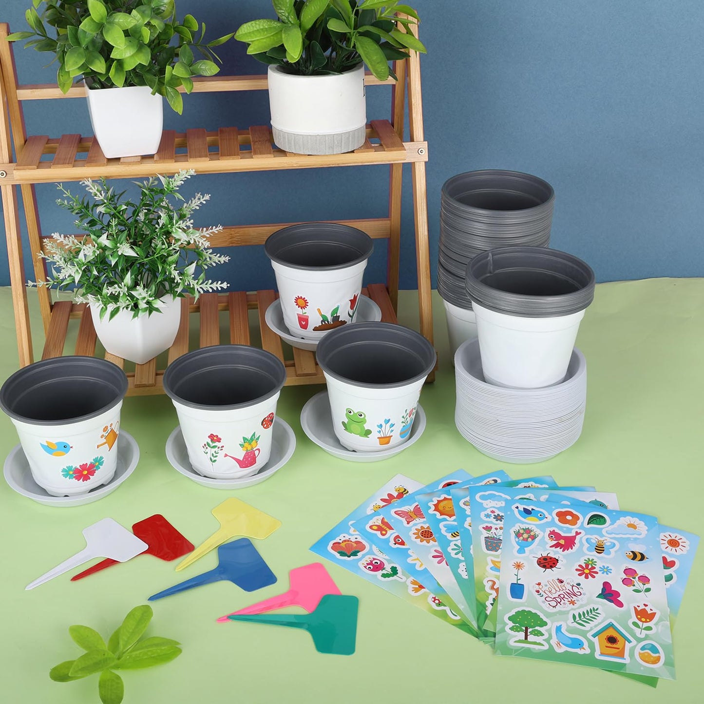 Zoketriton Garden Flower Pot Craft Kit, 48 Paintable Durable Resin Garden Pot with Tray Drainage Holes Adhesive Stickers and Plant Labels, Flower Plant Craft for Classroom Home DIY Flower Planting