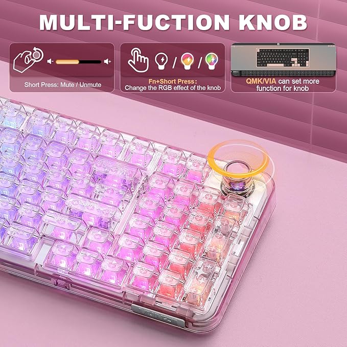 YUNZII X98 QMK/VIA Wireless Mechanical Gaming Keyboard with Knob,Tri-Mode BT5.0/USB-C/2.4GHz Hot Swappable Keyboard,Pre-lubed Switches Gasket Mount RGB Backlit for Wins/Mac (Pink, Crystal Switch)
