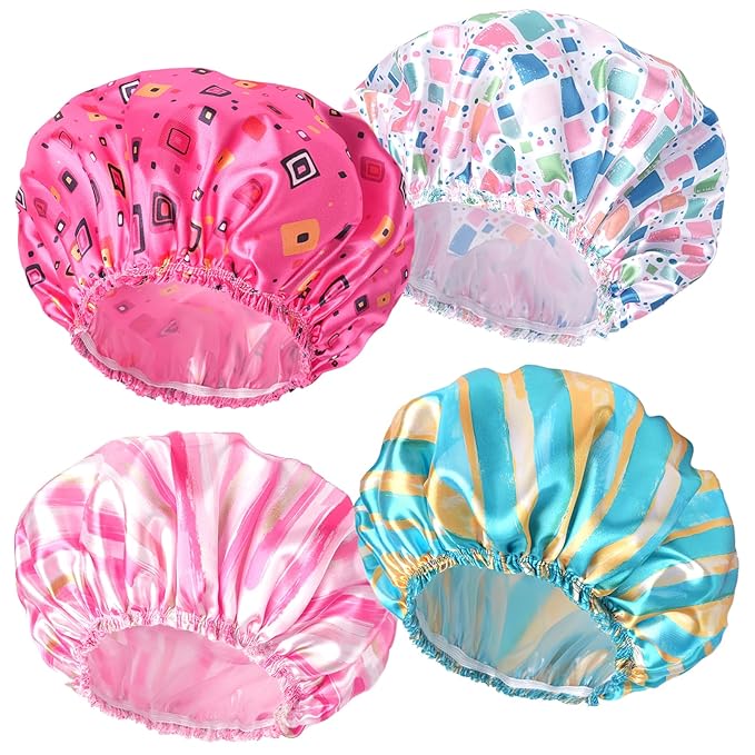 4 PCS Shower Cap for Women, Elastic and Reusable Bath Caps, Double Layers Shower Caps Reusable Waterproof, Bathing Shower Caps, Environmental Bath Hair Protection Cap - Stripes
