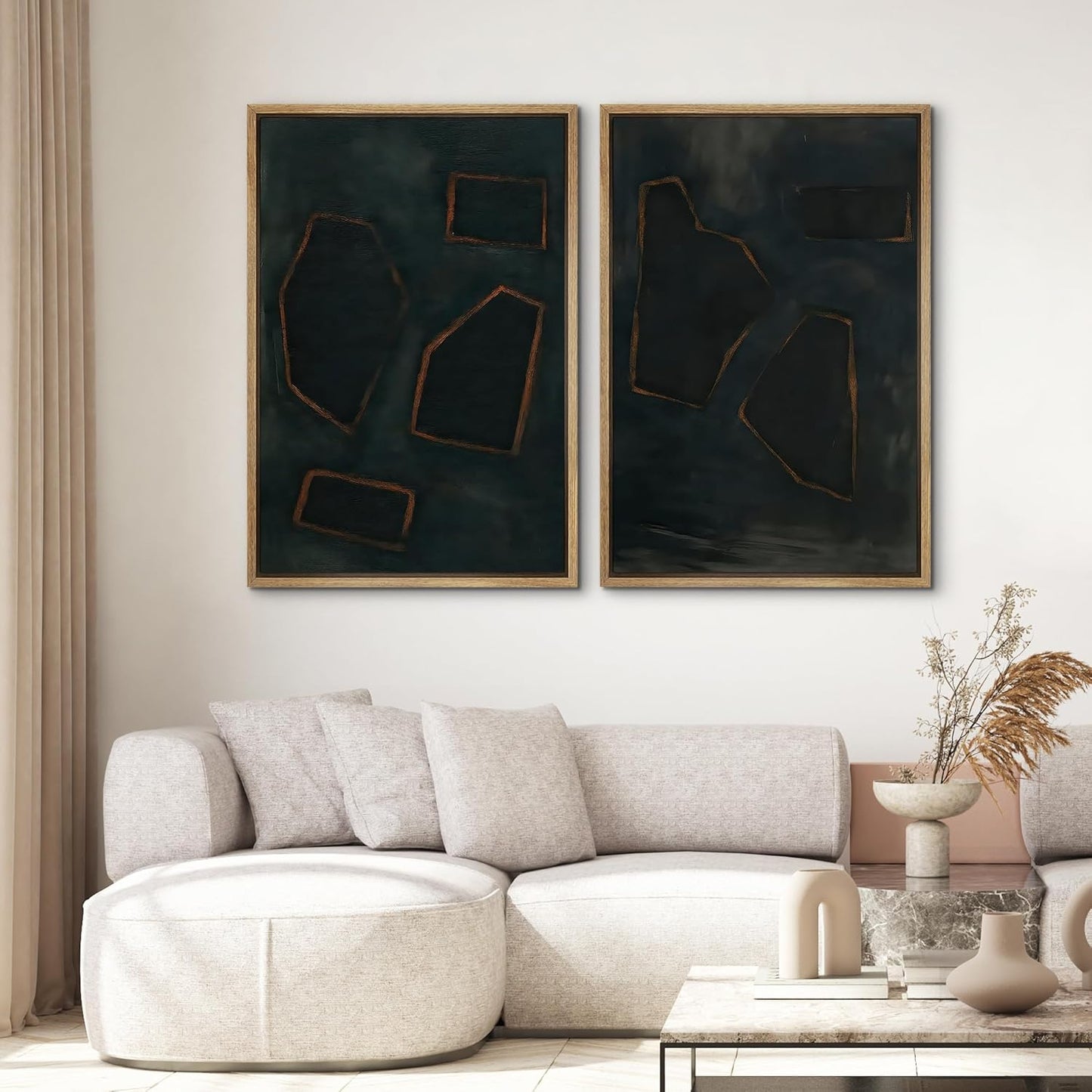 SIGNWIN Framed Wall Art Print Set Dark Geometric Abstract Modern Minimalist Shapes Illustrations Modern Art Rustic Relax/Calm Multicolor for Living Room, Bedroom, Office - 24"x36"x2 NATURAL