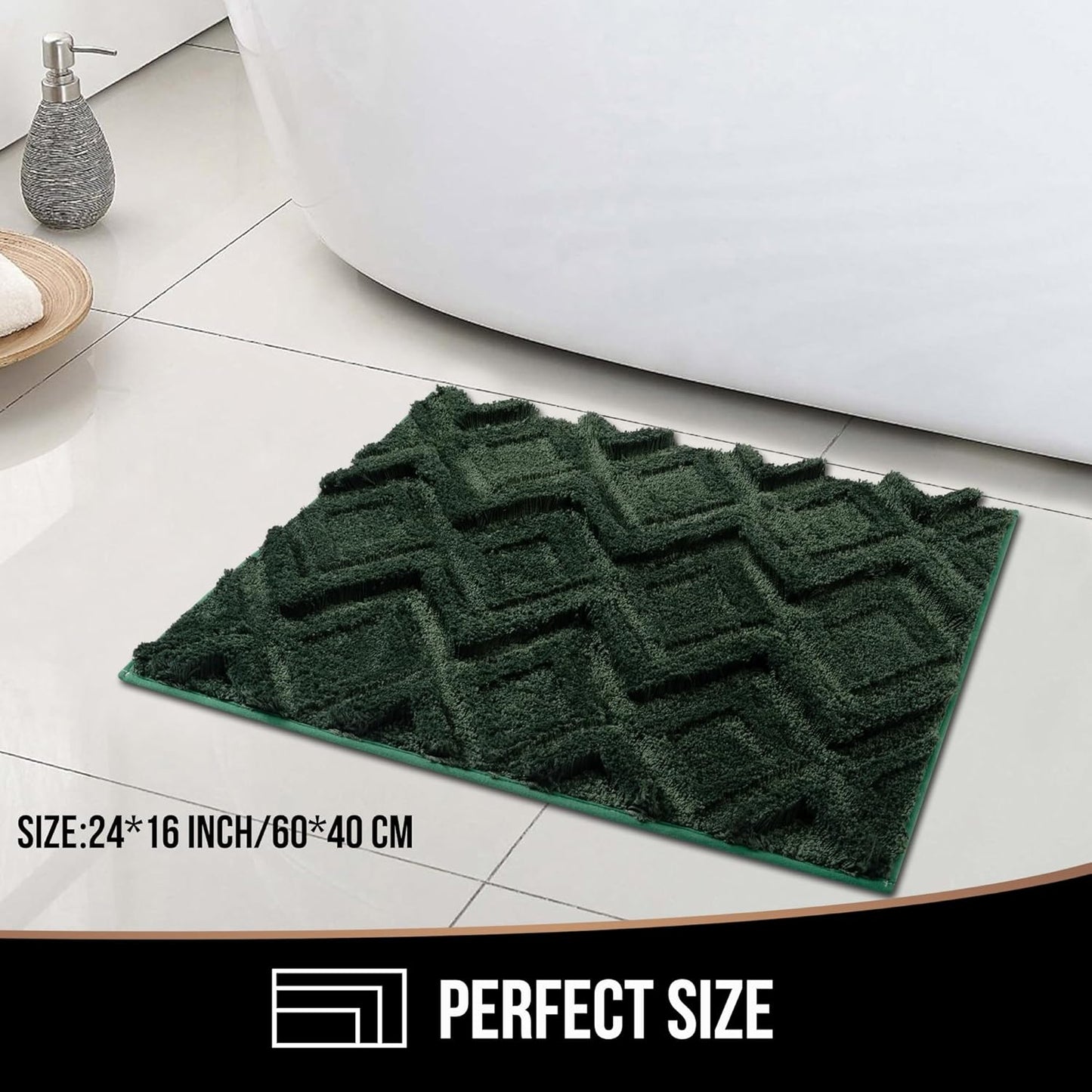 Bath Mat & Bathroom-Rugs 24x16, Ultra Soft Machine Washable Microfiber Bath Mat, Absorbent Quick Dry Non Slip Rug for Bathroom Floor, Tub and Shower, Hunter Green