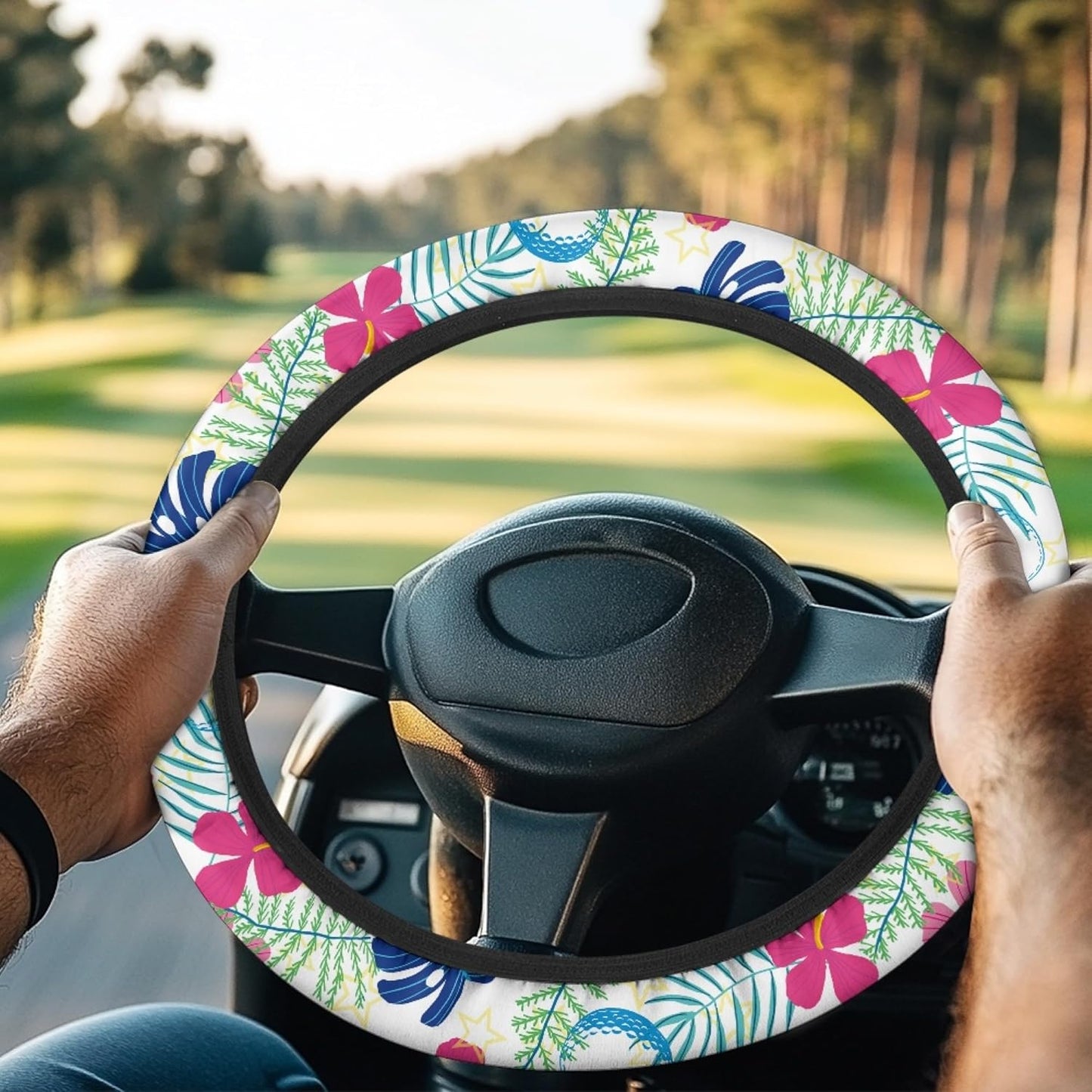 Palm Leaves Golf Cart Steering Wheel Cover 13 Inch - 14 Inch Neoprene Golf Cart Steering Wheel Covers Floral Elastic Golf Cart Accessories for Club Car Boat Steering Wheel Cover