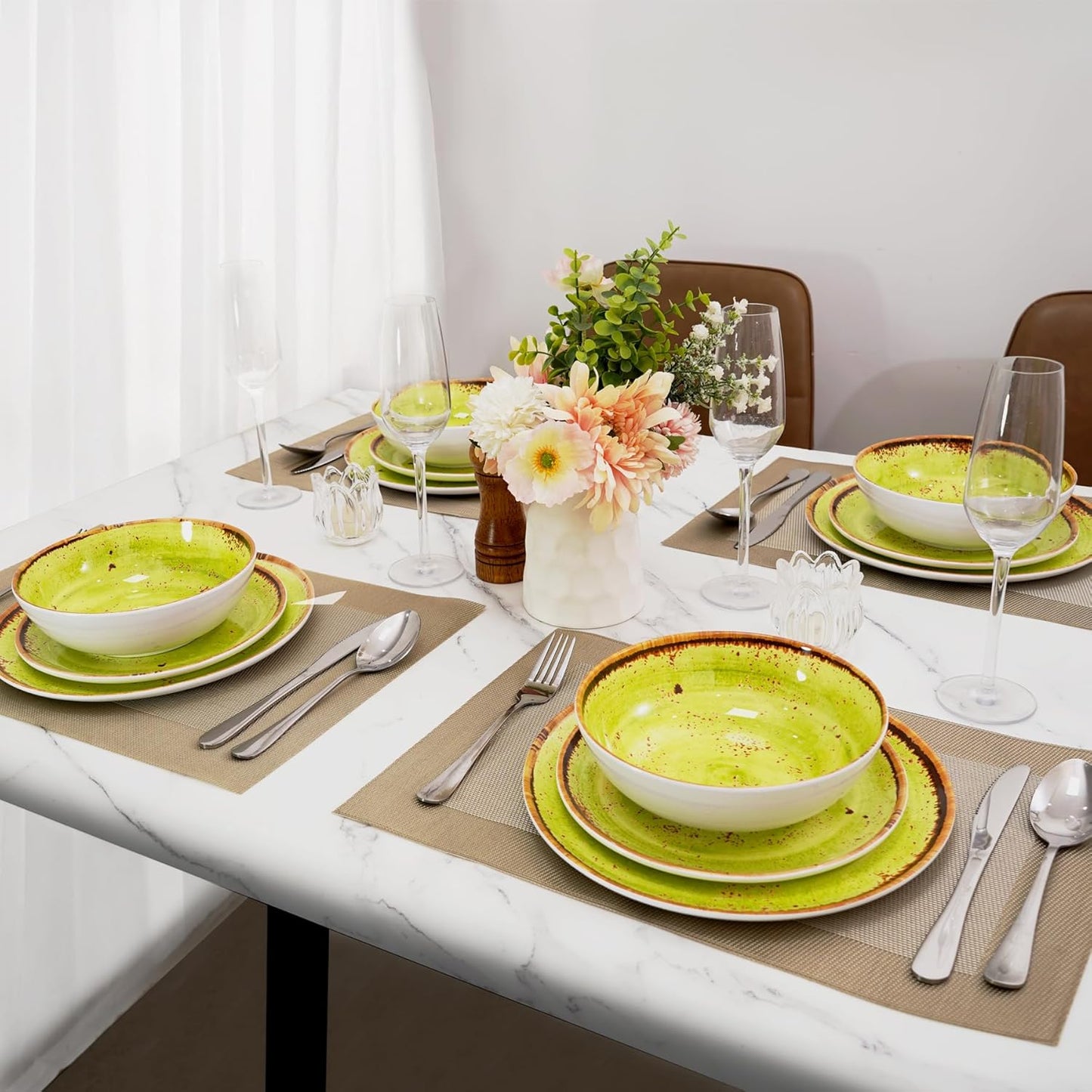 TP 12-Piece Dinnerware Set, Melamine Dishes Set with Bowls and Plates, Non-breakable and Lightweight Dinner Service for 4, Green Swirl