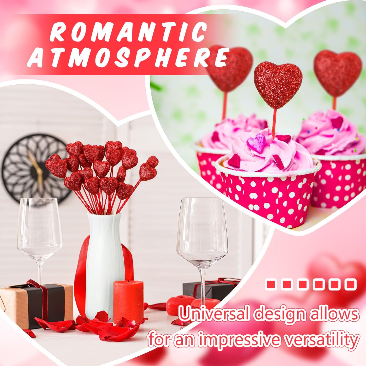 ZCYSRLQIN 24 Pcs Glitter Foam Hearts Sticks Foam Heart Picks Sparkly Hearts Stems Puffy Heart Wooden Picks for Wedding Decorations Flower Arrangements Crafts (Red)