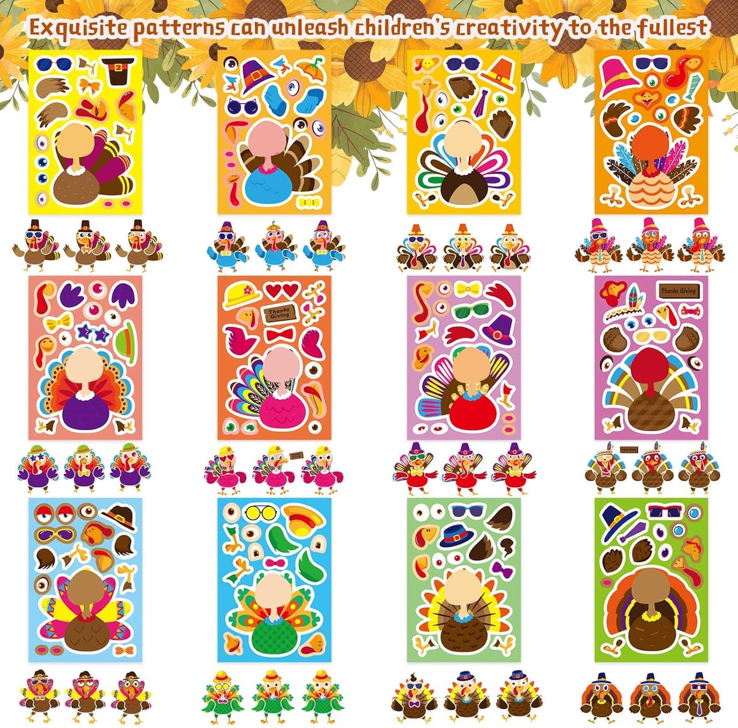 Make A Turkey Stickers, 36 Sheets Make Your Own Turkey Stickers Thanksgiving Stickers for Kids Classroom Reward, Autumn Stickers Fall Theme Party Favor Thanksgiving Crafts for Kids,12 Desgins