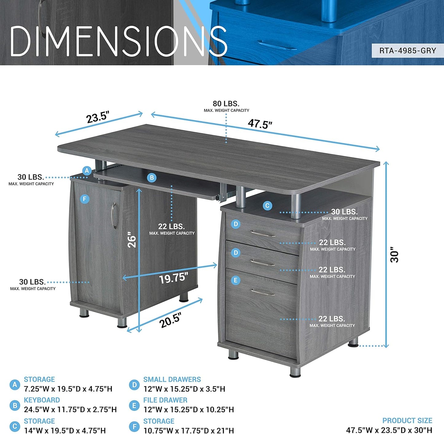 47.5'' Computer Desk with File Cabinet and Drawers, Storage Cabinet with Removable Shelf and Ventilation for CPU, Home Office Desk or Computer Workstation with Keyboard Tray, Grey