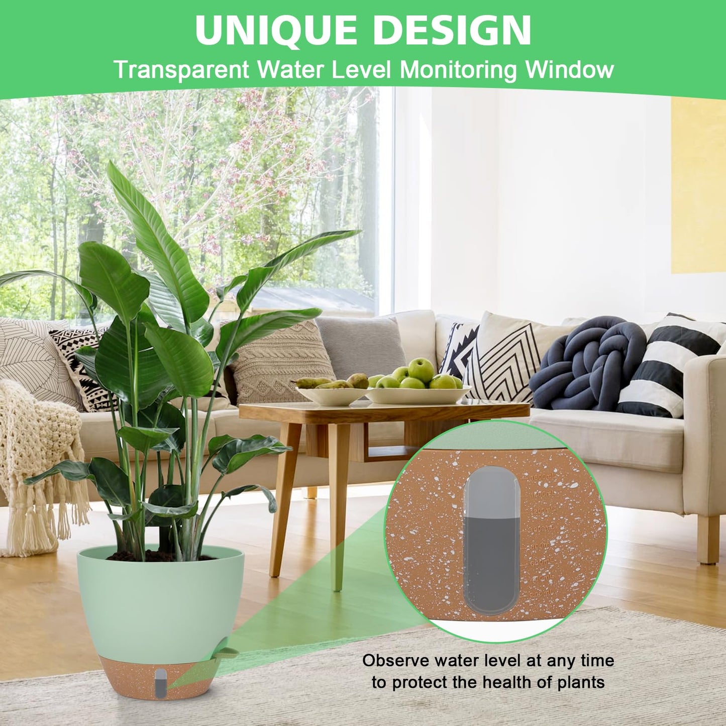 12" 10" 9" 8" Self Watering Pots with Water Level Indicator, Large Plastic Planters Set with Mesh Drainage Hole and Removable Saucer Reservoir, Big Flower Pot for Indoor Outdoor Plants (Green)