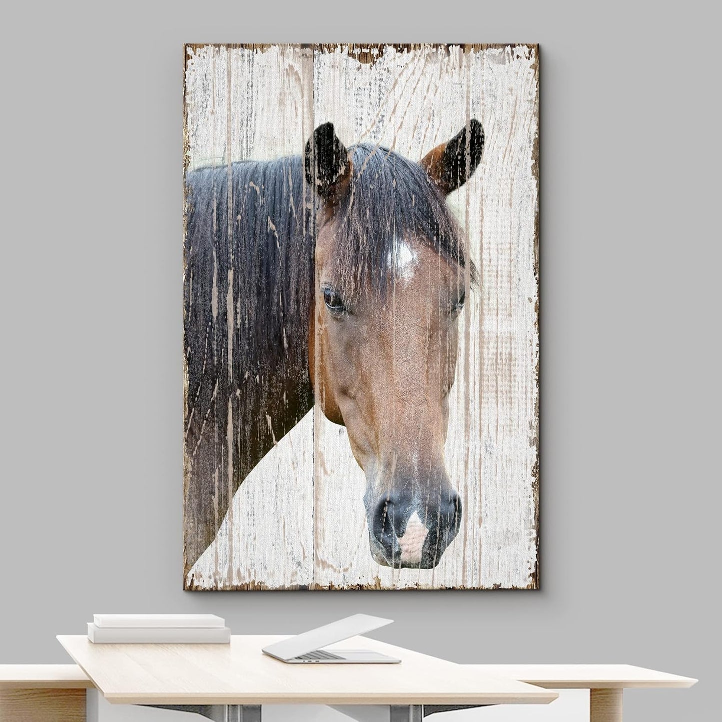 wall26 Canvas Print Wall Art Horse Portrait on Distressed Wood Panels Animals Wildlife Digital Art Realism Rustic Scenic Nature Photography Colorful for Living Room, Bedroom, Office - 12"x18"