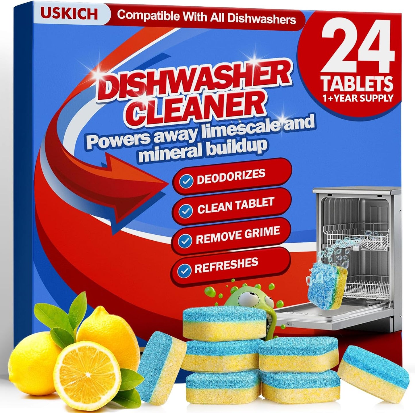 Dishwasher Cleaner And Deodorizer Tablets 24 Pack,Deep Cleaning Descaler Pods for Dish Washer,Lemon Scented Dish Washer Machine Tablets for Limescale,Mineral Buildup, Odor,Septic Safe- 1 Year Supply