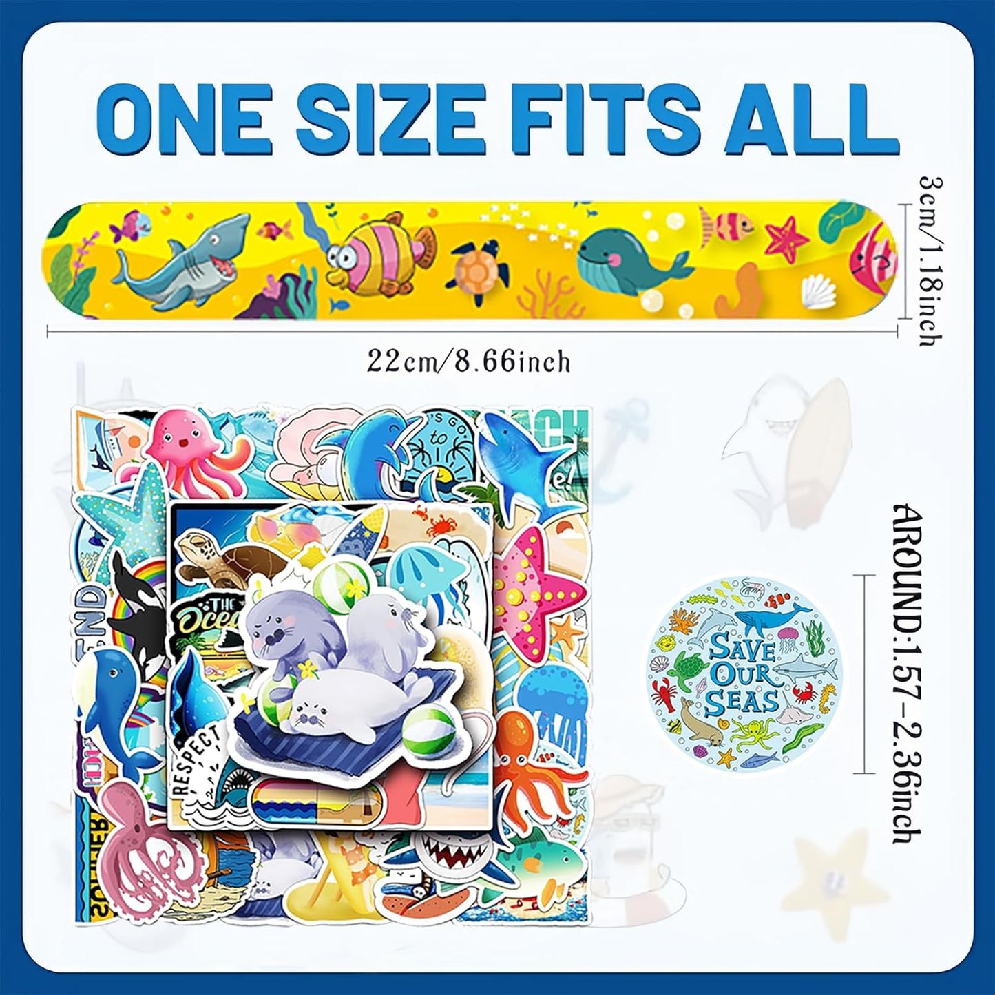 74PCS Ocean Sea Animals Party Favor 50PCS Snap Party Stickers&24PCS Slap Bracelets Under the Sea Animals Birthday Supplies Team Gift Fillers School Rewards Supplies