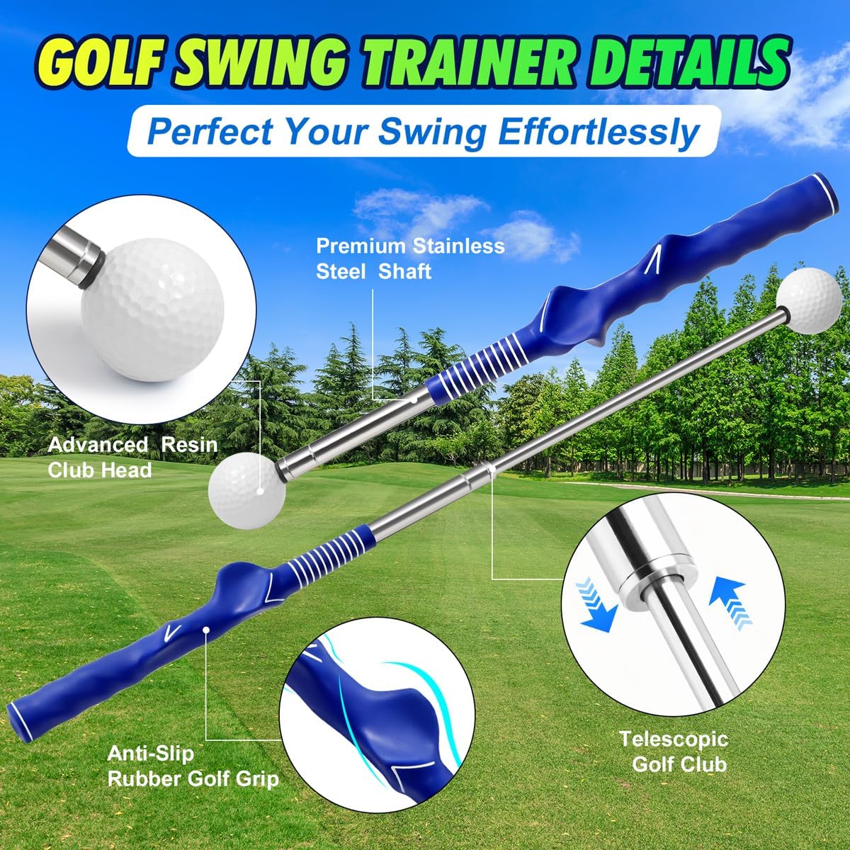 Retractable Golf Swing Training Aid, Right-Handed Golf Swing Trainer with Click Feedback, Tempo Stick Golf to Improve Strength & Tempo with Arm Band, Ideal for Beginners, Indoor & Outdoor Use