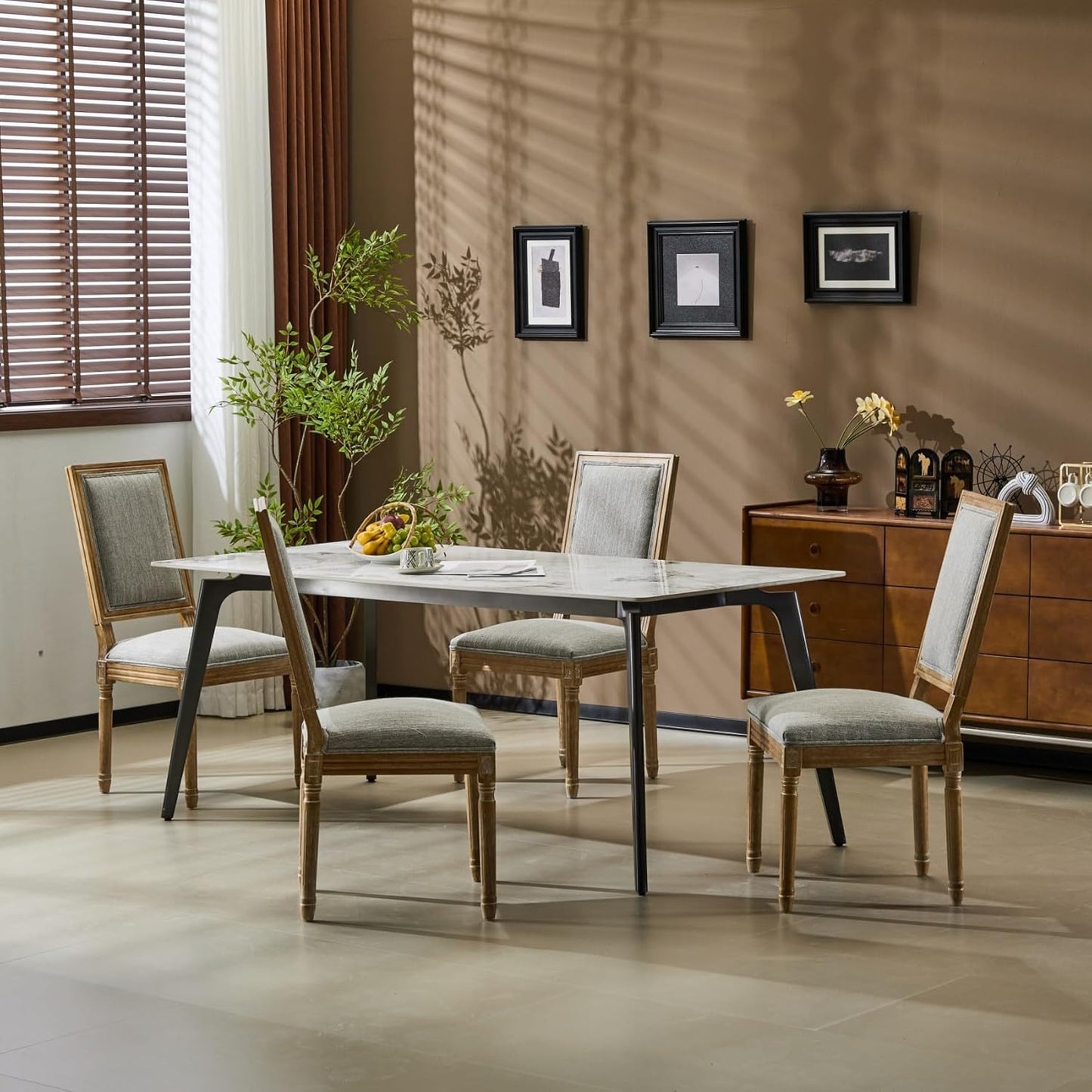 Merax Upholstered Solid Wood Dining Chairs Set of 4, French Country Style Accent Side Seating Furniture for Kitchen, Living Room, Cushioned Back, Grayish Green