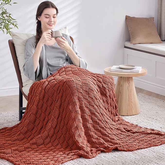 Knitted Weighted Blanket Adult, No Beads Heavy Blanket 60” x 80'' 12lbs, Breathable Chunky Knit Blanket, Cooling Weighted Blanket for Hot Sleepers, Christmas Home Decor (Orange)