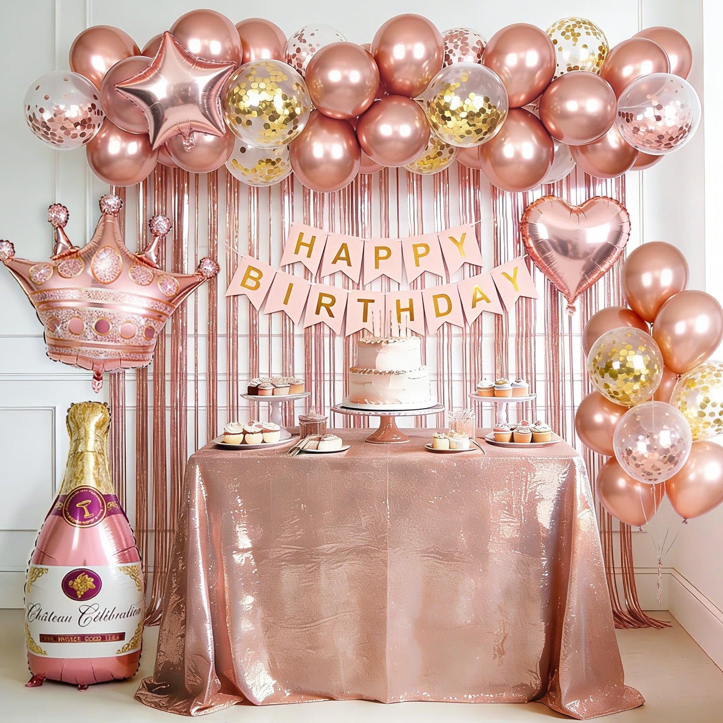 Birthday Decorations for Women with Happy Birthday Banner, Curtains, Bottle, Crown, Heart Star Balloons, Rose Gold Balloons for Girls Women Birthday Party Decorations