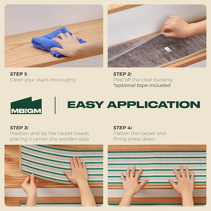 MBIGM 8" X 30" (15 in Pack) Non-Slip Carpet Stair Treads Non-Skid Safety Rug Slip Resistant Indoor Runner for Kids Elders & Pets with Reusable Adhesive - Soft Stripes - Serene Sage