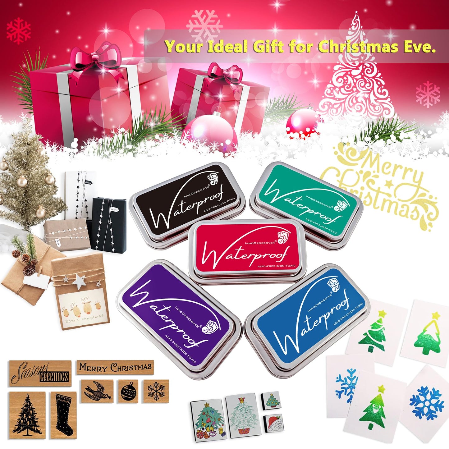 Ink Pads for Rubber Stamps, Rubber Stamps Pads- Permanent, Waterproof, Stamp Pads for Card Making, Scrapbooking Supplies, Christmas Ink Stamps, Hand Stamp Ink Pad, Non-Toxic (5 Ink Pad Bundles)