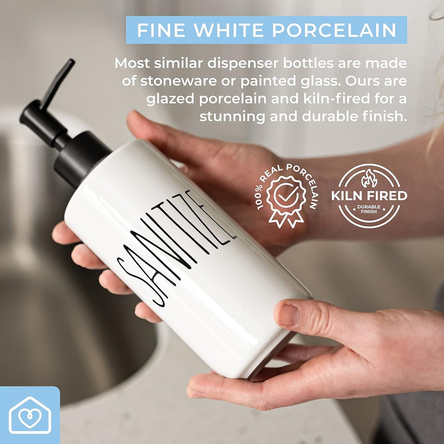 Heartland Home Porcelain 16oz Large Hand Sanitizer Pump for Hand Sanitizer Refill of Liquid Hand Sanitizer Gel. Empty Liquid Dispenser Bottle for Hand Sanitizers.