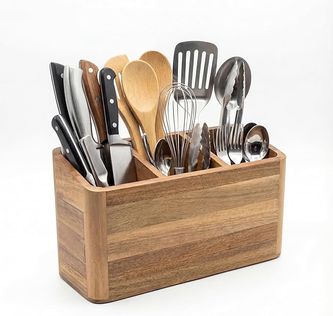 Dstuff Large Kitchen Utensil Holder Organizer for Counter or Countertop, Large Wooden Utensil Holder for Storage Cooking and Silverware with 3 Compartment, Acacia Rustic Wood Container Extra Large
