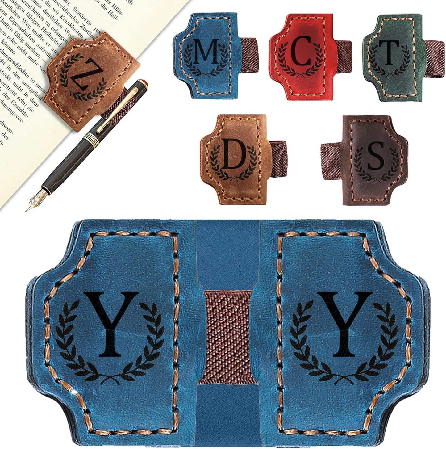 Bygone Mark Bookmark with Pen Holder, 26 Letters Name Initial Personalized Magnetic Bookmarks, Leather Book Mark for Men Women, Travelers Accessories, Teachers Readers Book Lovers Gifts (Blue, Y)