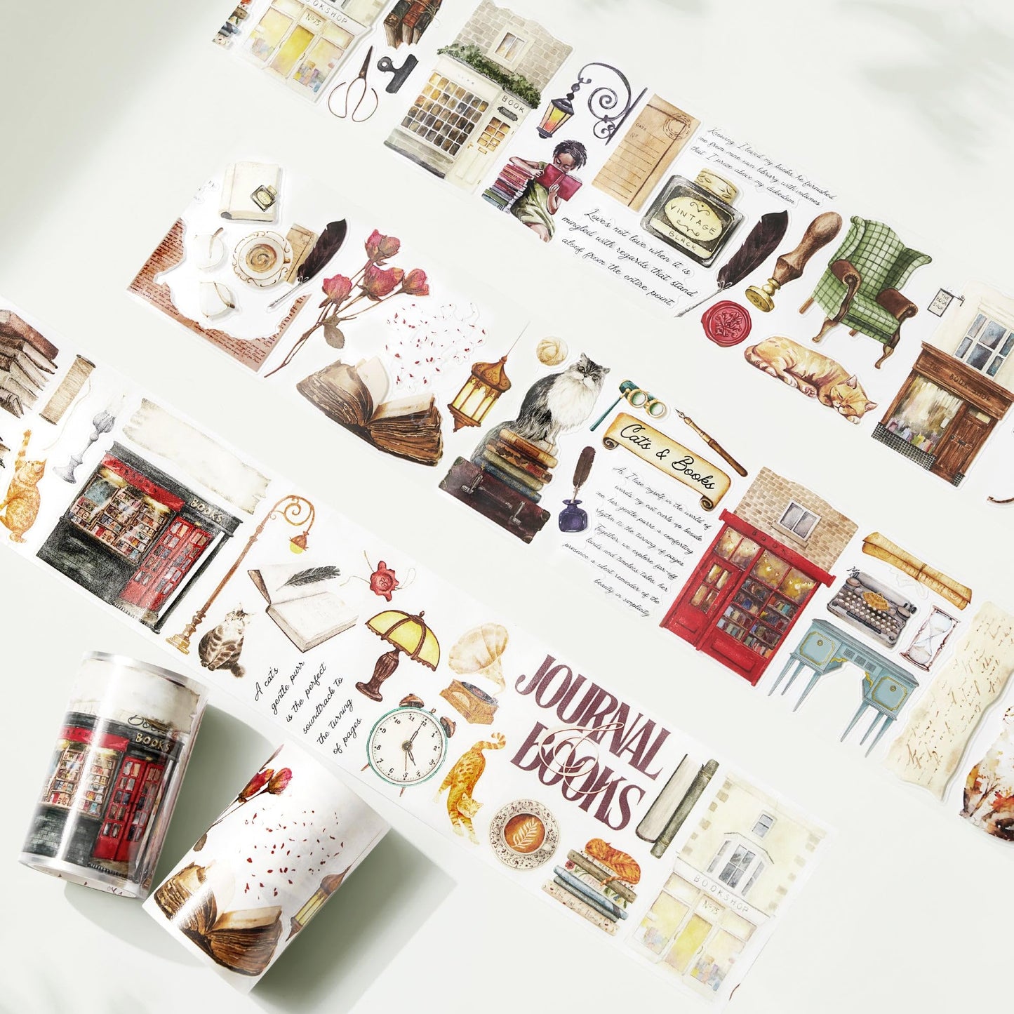WT Pre-Cut Cats and Books Wide Washi Tape, One Roll 5 Meters, Decorative Cute Washi Tape for Bible Journaling, Bullet Journal Supplies,Scrapbooking Supplies,Planners, Party Decorations