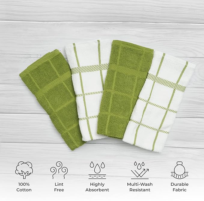 100% Cotton Terry Dish Towels, 4 pack16 x26 Inches, Super Soft and Absorbent Kitchen Towels, Perfect for Kitchen Cleaning and Dish Washing | Green