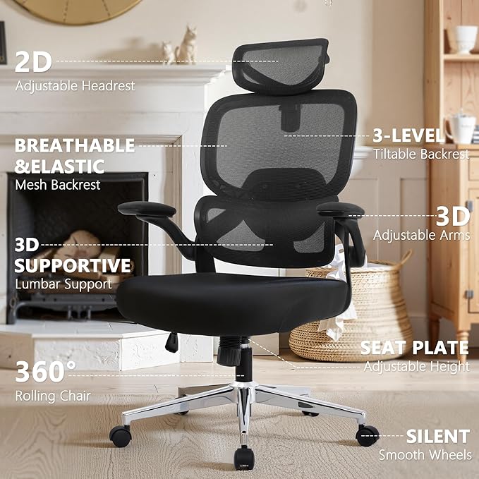 Adjustable Office Chair Computer Chair Ergonomic Desk Chair with Lumbar Support and Headrest High Back Executive Chair with Rolling Function for Home Office Computer Task Seating