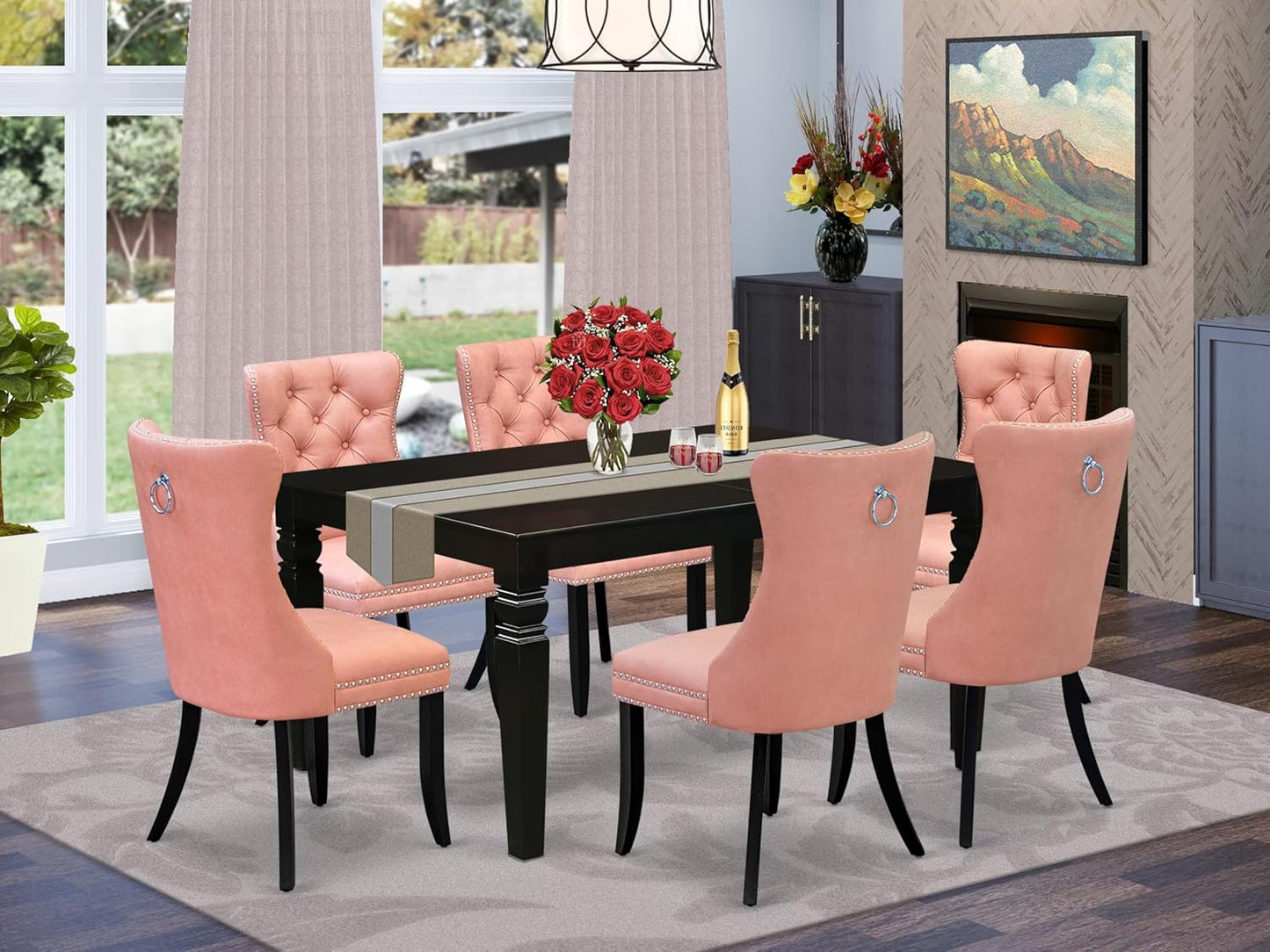 East West Furniture LGDA7-BLK-23 7 Piece Dining Table Set Contains a Rectangle Kitchen Table with Butterfly Leaf and 6 Polyester Fabric Upholstered Chairs, 42x84 Inch, Black