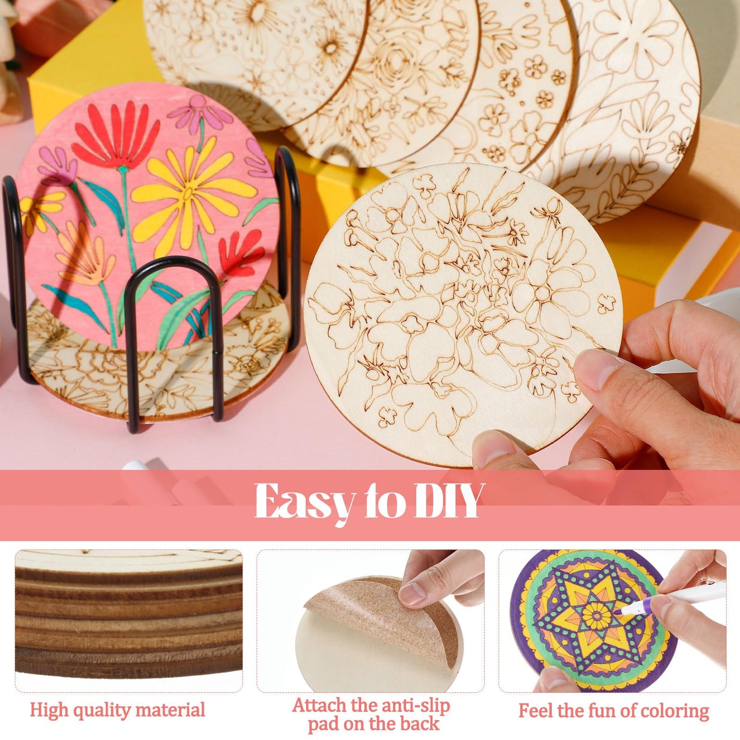 Reallnaive 45 Pcs Flower Wooden Coasters Painting Kit, 4 Inch Paint Your Own Boho Coasters with Markers, Mothers Day Arts and Crafts for Adults Women Seniors Elderly Crafters Gifts