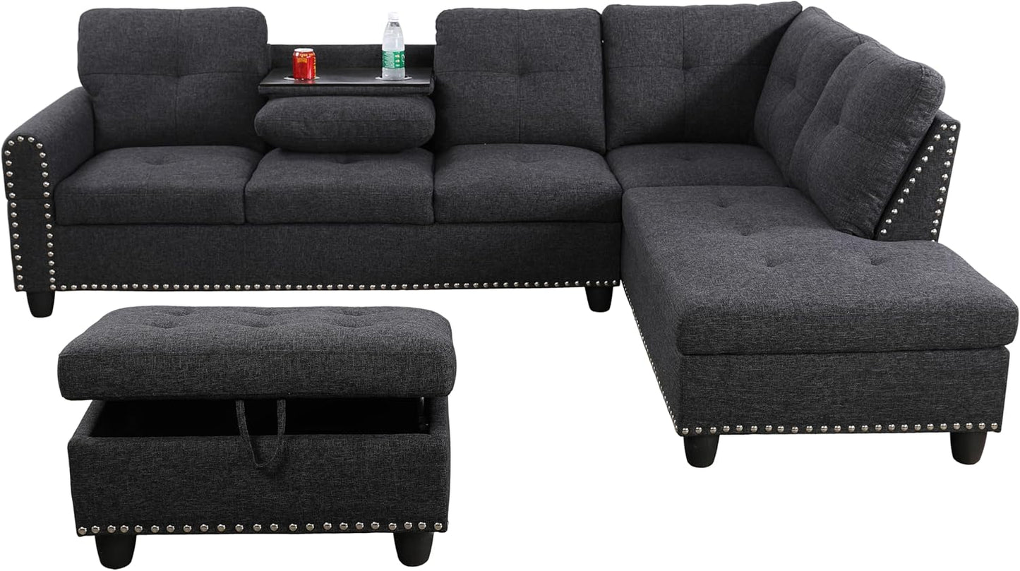 L Shaped Sectional Couch with Otttoman, 97" Sectional Sofa for Living Room Flannel Modular Couches with Cup Holders for Bedroom, Apartments, Black Grey