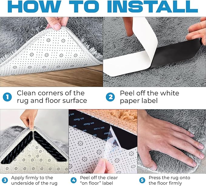 12-Pack Gripper for Rug for Hardwood Floors and Tiles: Double-Sided Reusable Rug Carpet Tape. Anti-Slip Tape Grips Area Rugs, Non-Slip Rug Pads Prevent Sliding, Curling, and Bunching