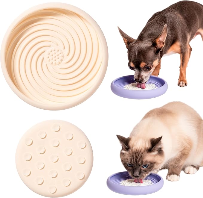 Awoo Lick Dish Silicone Dog & Cat Lick Mat & Slow Feeder with Suction Cups, Non-Slip, Dishwasher Safe, Extend Mealtime, Reduce Anxiety (Cream)