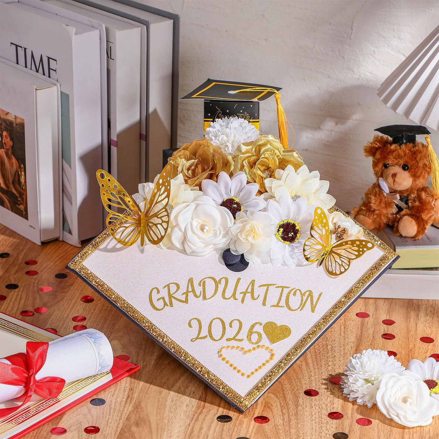 Wavwavw 43 PCS DIY Graduation Cap Decorations Kit, Grad Cap Decorations Included Faux Flowers 3D Butterfly Self Adhesive Rhinestones Stickers Alphabet Letter Stickers for 2026 Grad Party(White)