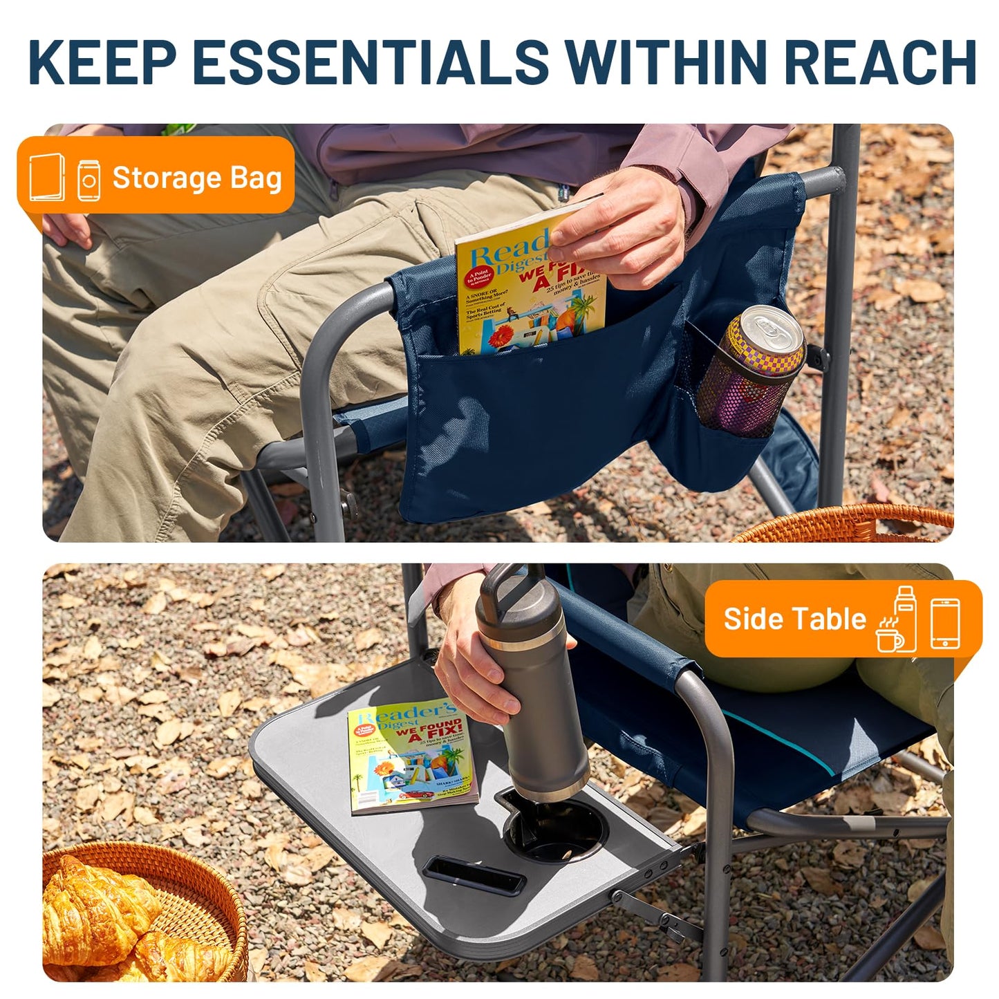 Timber Ridge XXL Director’s Chair – Heavy Duty Folding Camping Chair for Adults, 500 lb Capacity, Extra Wide Padded Seat for Camping, Sports, Lawn, Courtyard, and Outdoor Use, Blue