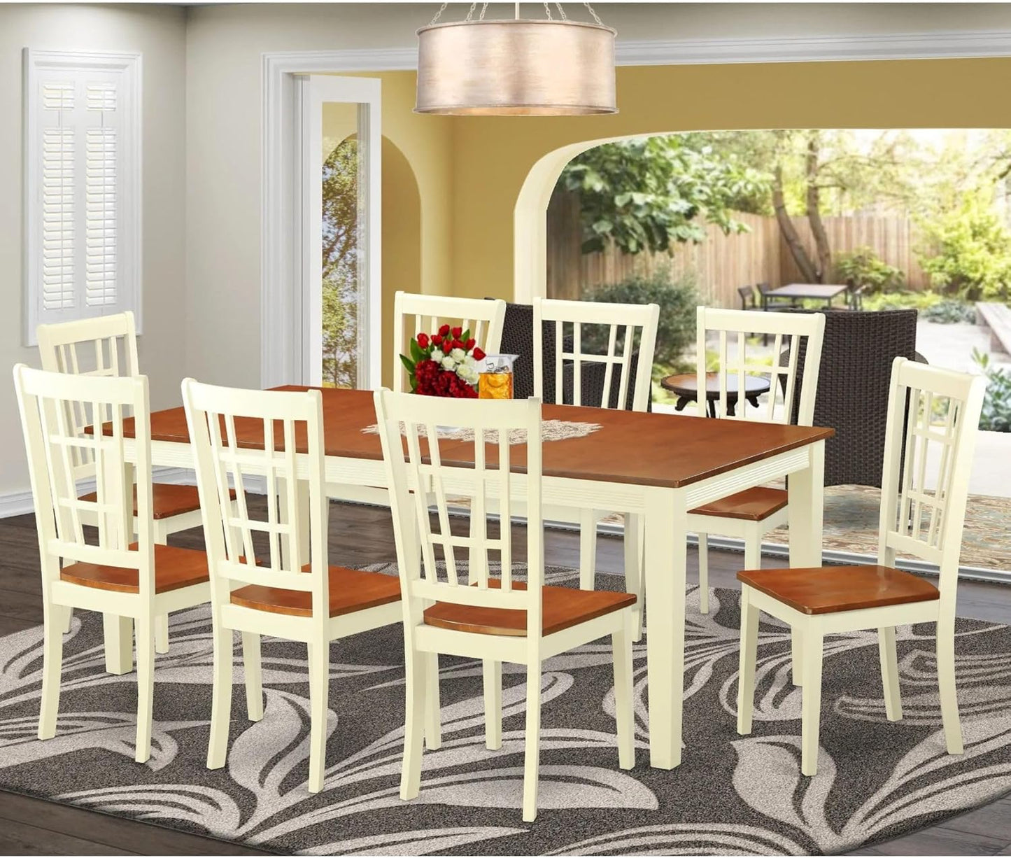 East West Furniture QUNI9-WHI-W 9 Piece Dining Set Includes a Rectangle Dining Table with Butterfly Leaf and 8 Kitchen Chairs, 40x78 Inch, Buttermilk & Cherry