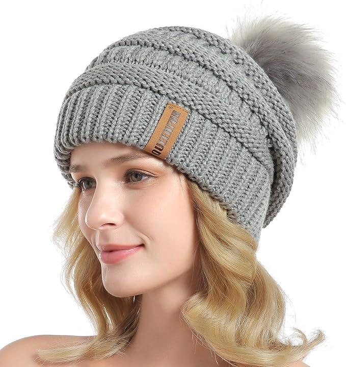 QUEENFUR Women Knit Slouchy Beanie Chunky Baggy Hat with Faux Fur Pompom Winter Soft Warm Ski Cap