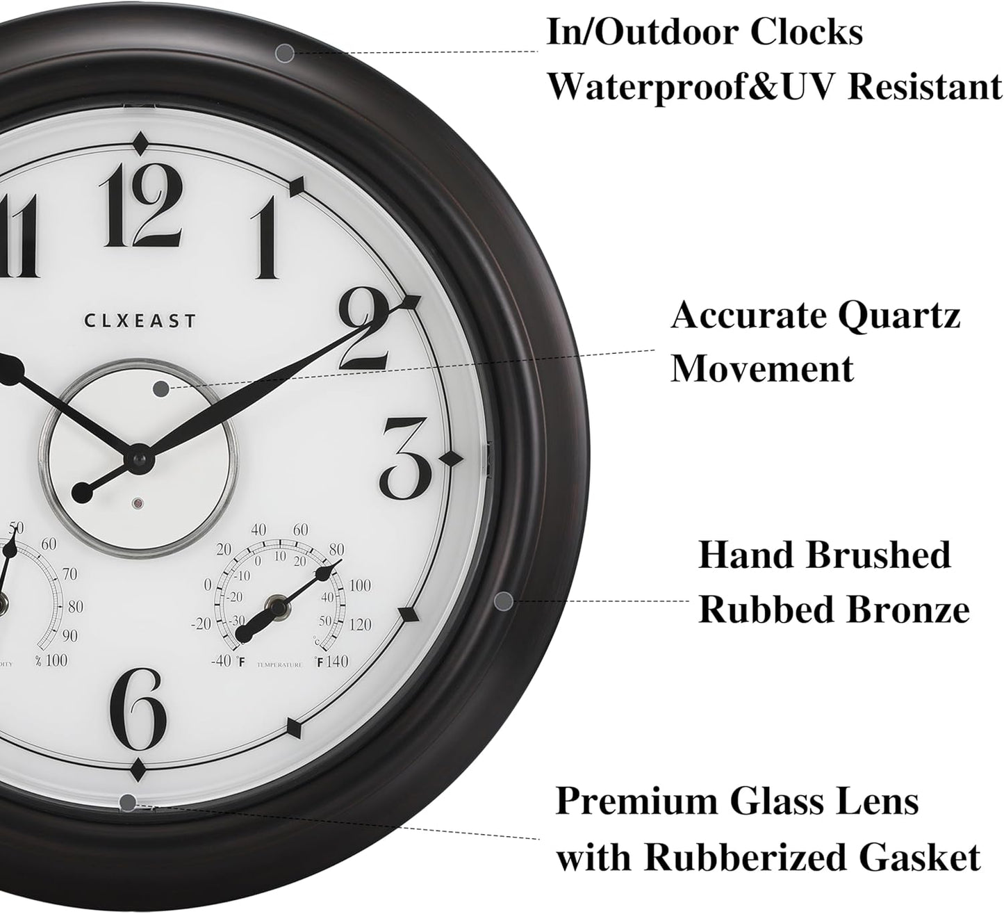 CLXEAST Illuminated Indoor Outdoor Clocks Waterproof 18 inch with Smart Night Light Sensor,Large Wall Clock with Thermometer & Hygrometer,Oil Rubbed Bronze Black,House Warming Gifts New Home