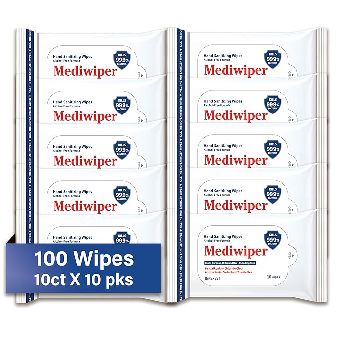 Mediwiper 10 Count Alcohol-Free Sanitizing Wipes, Hand Sanitizer, Disinfecting Large Unscented Wet Wipes Bulk (1000 Wipes (10ct*10pk))