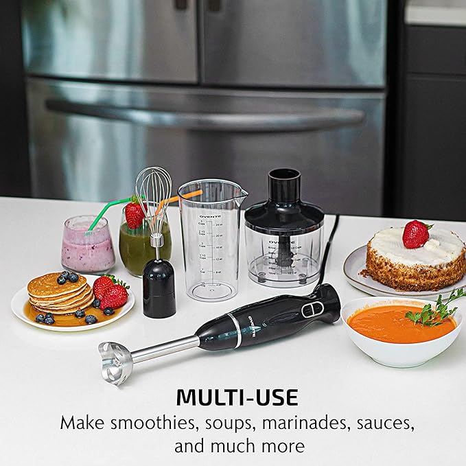 OVENTE Immersion Hand Blender Set, 300W Corded Electric Handheld Stick Mixer, 2 Mixing Speeds with Stainless Steel Blades, Egg Whisk, Beaker & BPA-Free Food Chopper, Black HS565B