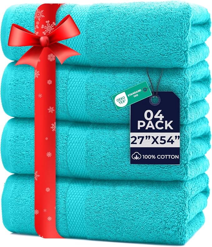 DAN RIVER Bath Towels Set of 4, 27 x 54 Inches, 100% Cotton, Larger & Lighter Weight, Quicker to Dry, Super Soft and Absorbent, Ideal Aqua Bath Towels for Daily Use