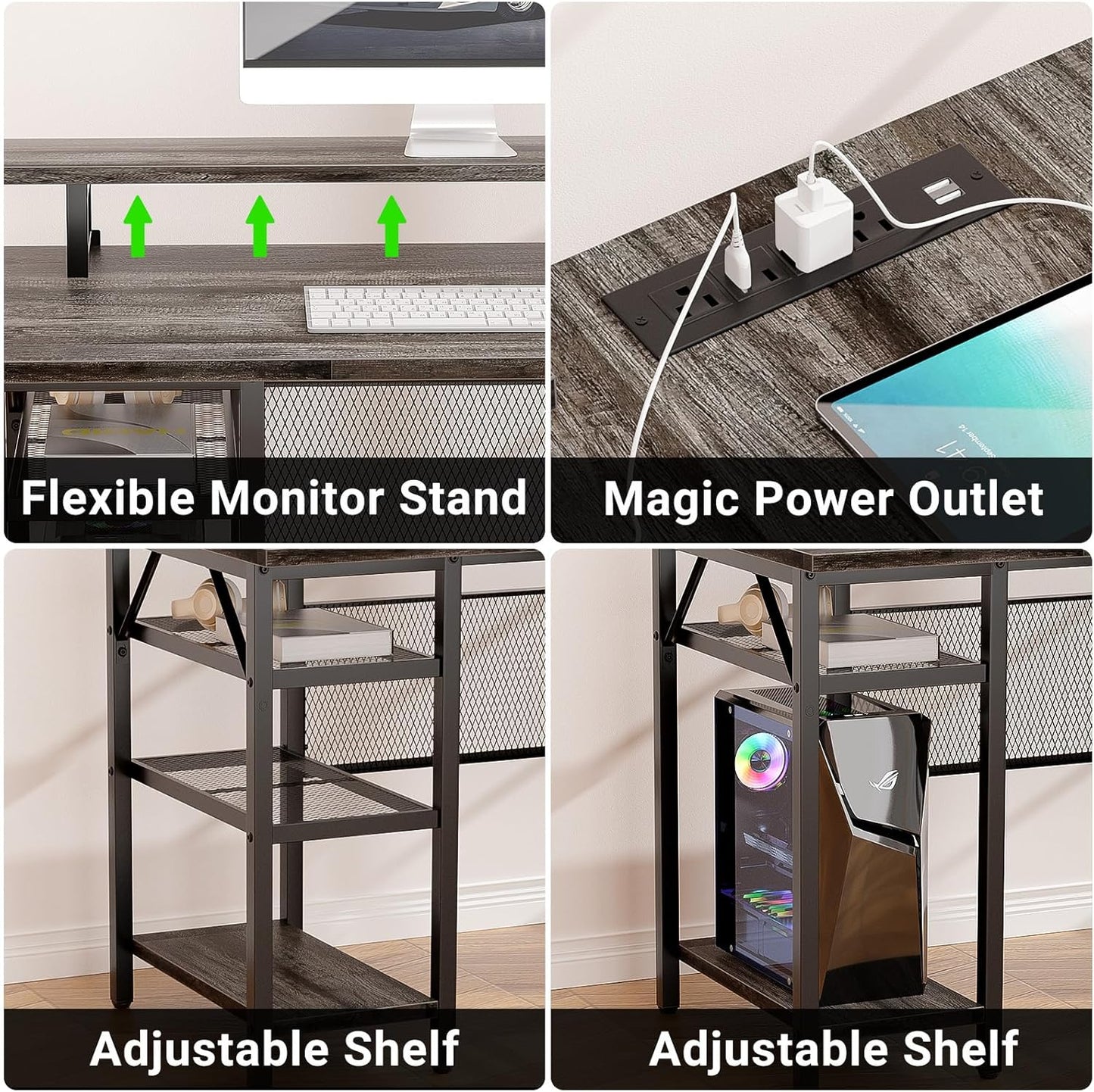 L Shaped Computer Desk with Magic Power Outlets and Smart LED Light, Reversible Office Corner Desk with Ergonomic Monitor Stand, Large Gaming Table with Storage, Sleek Grid Design, Black Oak