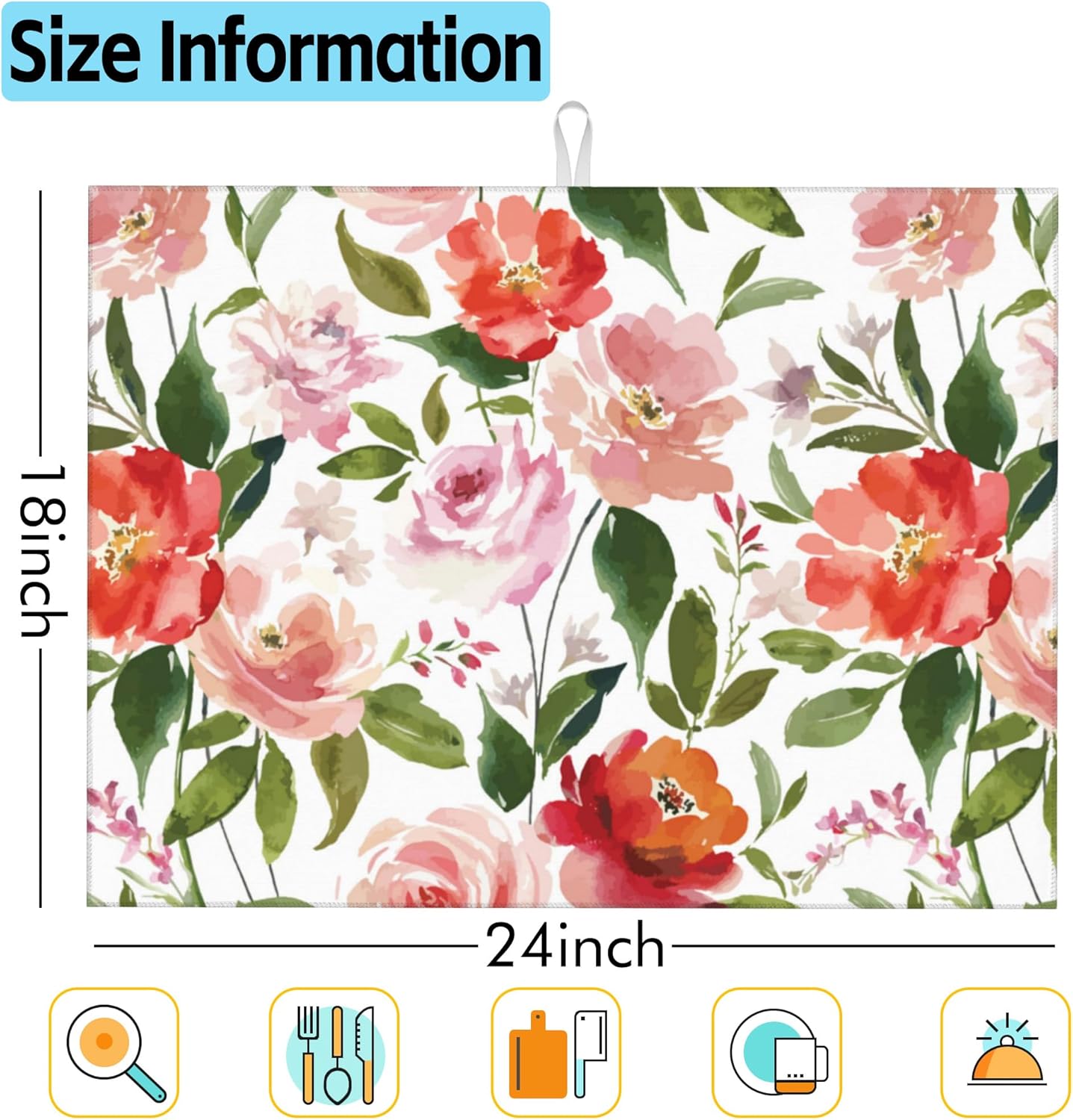Large Dish Drying Mat for Kitchen Counter,18"X24" Watercolor Rose Flowers Super Absorbent Reversible Microfiber Dish Drying Mat Dish Drainer Mat,Drying Pad for Kitchen Countertop Coffee Bar