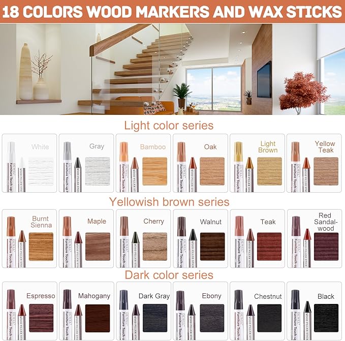 DEWEL Wood Markers Furniture Repair, 18 Colors Furniture Markers Touch Up and Wood Filler Sticks, Wood Scratch Repair Kit for Laminate Floor, Cabinet, Wooden Door, Wood Finish Stain