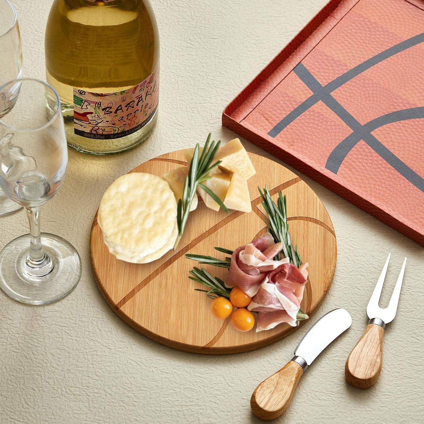 Basketball Cheese Board Gift Set Party Favor Prizes Charcuterie Wood Board with Knives and Box Father Day Gift for Dad Grandpa Party Tournament Game(7.9"x 7.9", Bamboo Color)