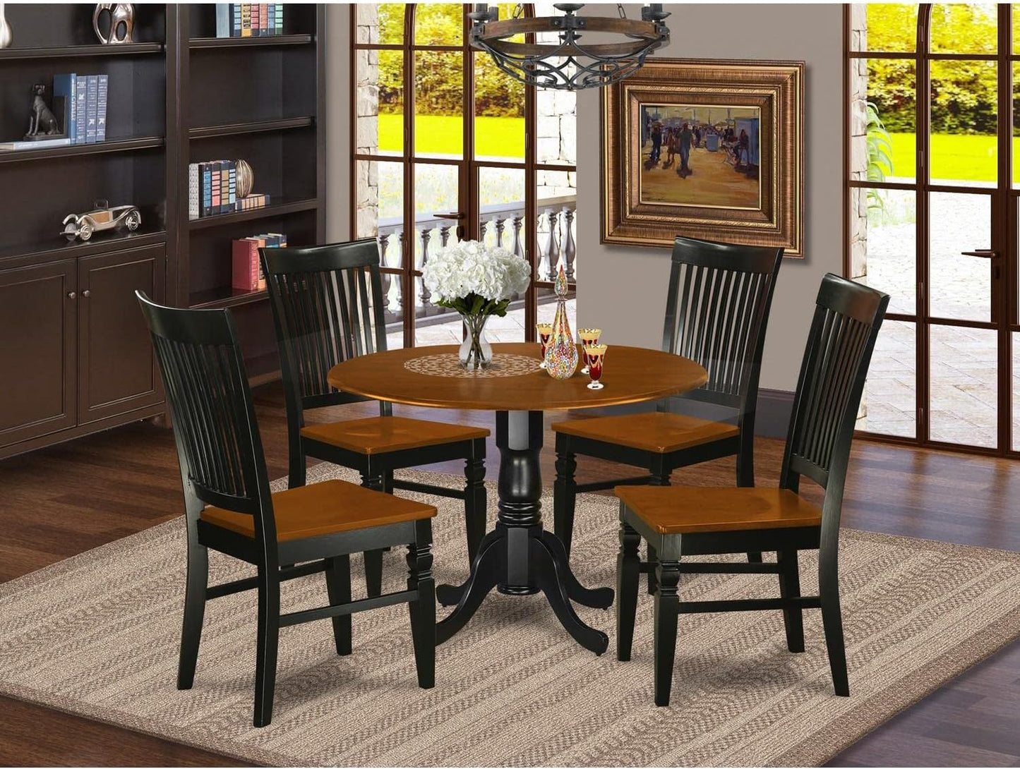 East West Furniture DLWE5-BCH-W 5 Piece Kitchen Table & Chairs Set Includes a Round Dining Room Table with Dropleaf and 4 Solid Wood Seat Chairs, 42x42 Inch, Black & Cherry