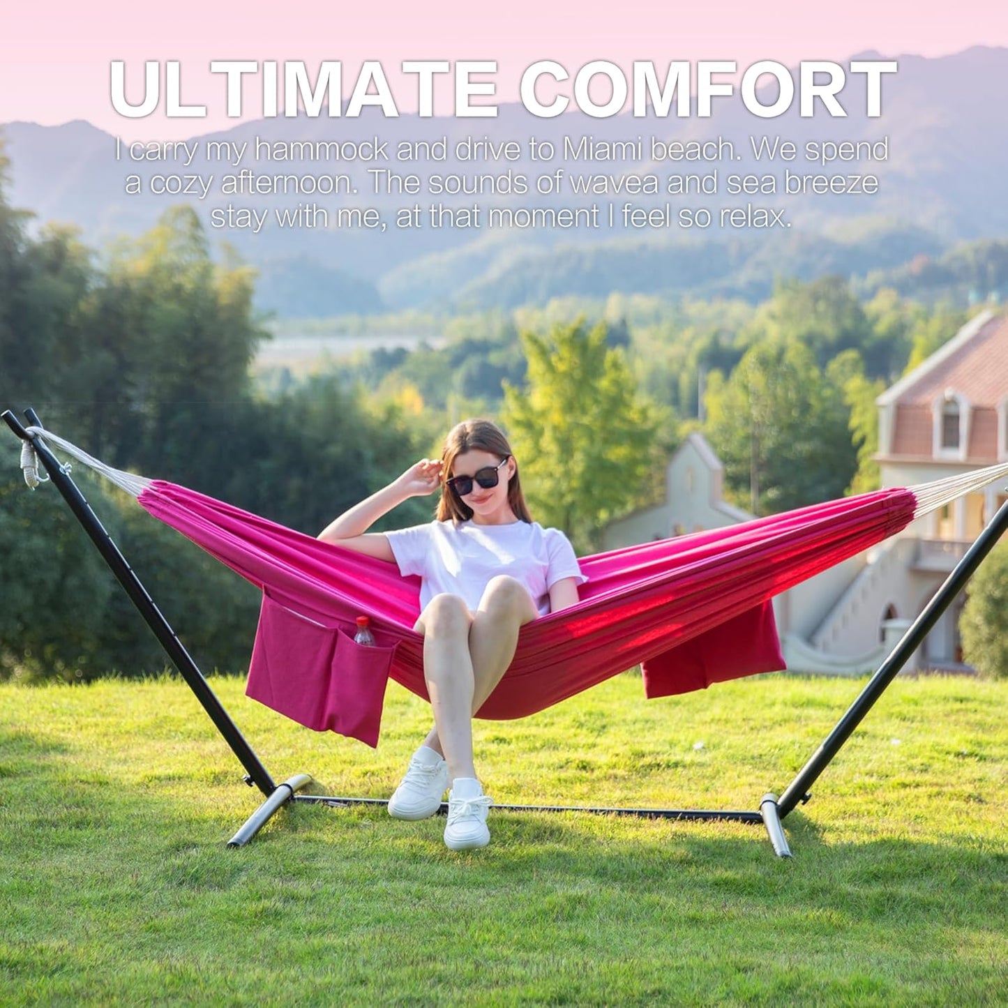 PNAEUT Double Hammocks with Stand for Outside, Portable Space Saving Heavy-Duty Steel Stand for Indoor Outdoor Patio with Carrying Bag, 450 lbs Capacity (Rose Pink)