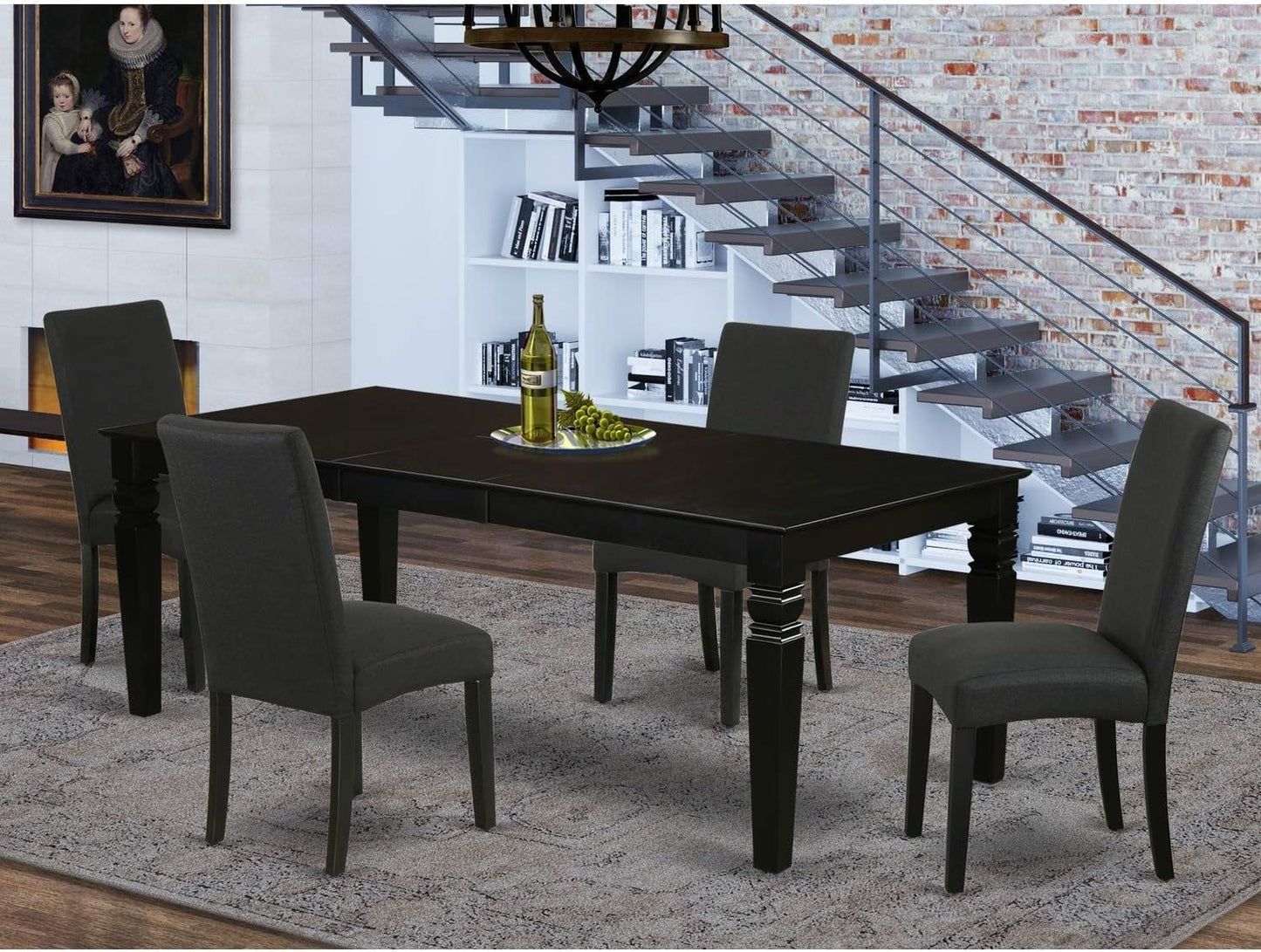 East West Furniture LGDR5-BLK-24 5 Piece Dining Set Includes a Rectangle Dining Room Table with Butterfly Leaf and 4 Black Color Linen Fabric Upholstered Chairs, 42x84 Inch, Black