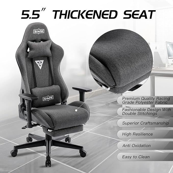 S*MAX Fabric Gaming Chair with Footrest Thicken Seat Ergonomic Gaming Chair with 3D Armrest Breathable Fabric Gamer Chairs for Adults Headrest Lumbar Support Gaming Chairs for Adults Grey