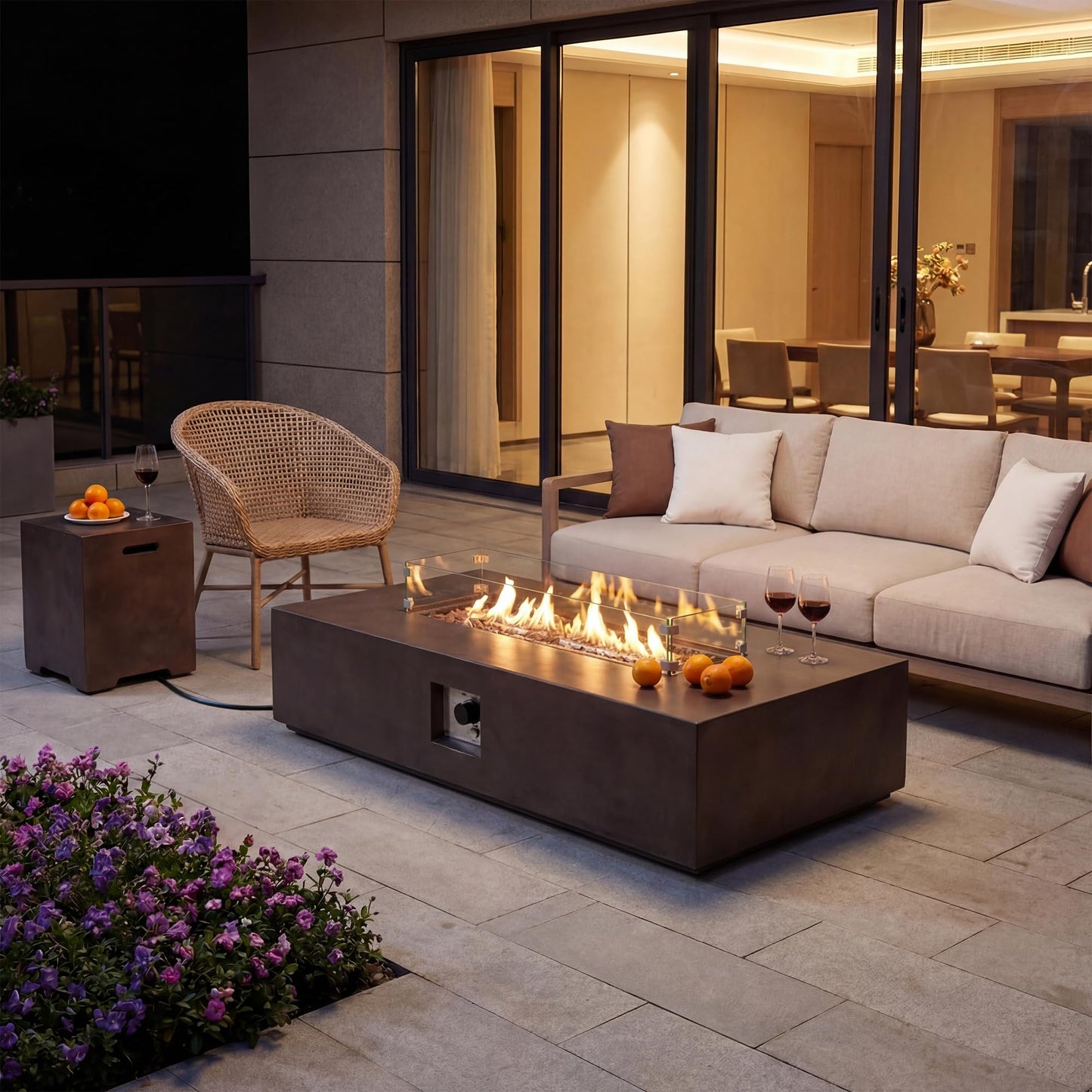 COSIEST 2-Piece Outdoor Propane Fire Table Set, Rectangle Concrete 56" x 28" Bronze Fire Pit (Certified, 50,000 BTU) w 20lb Tank Table, Wind Guard, Waterproof Cover for Garden, Porch, Backyard